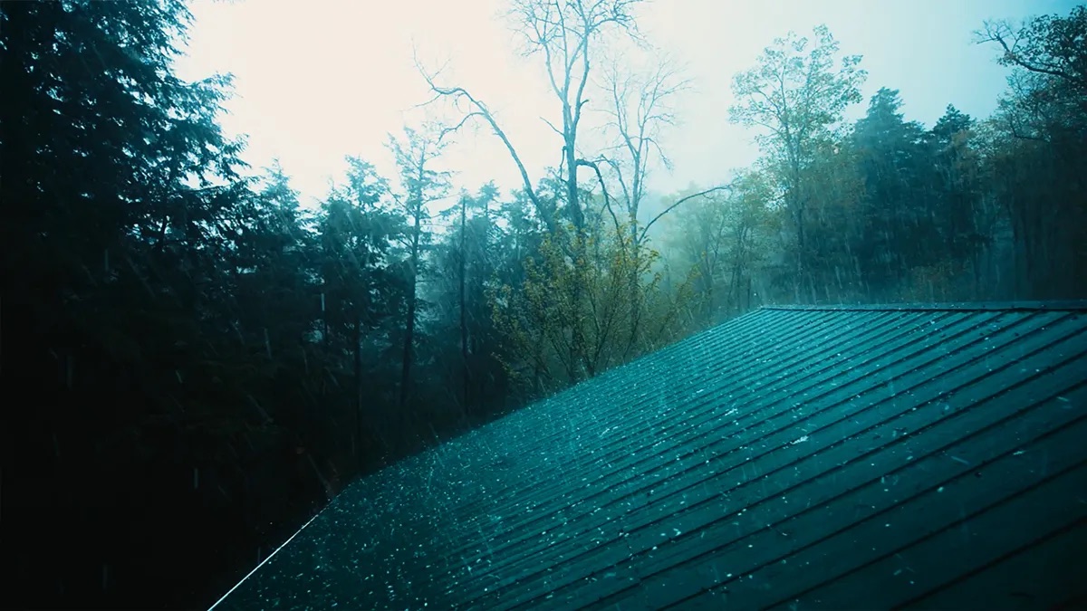 Practice area video thumbnail on hail damage. Rain or hail falling in visible streaks and bouncing off a wet green metal roof, evergreens and bare branches behind.